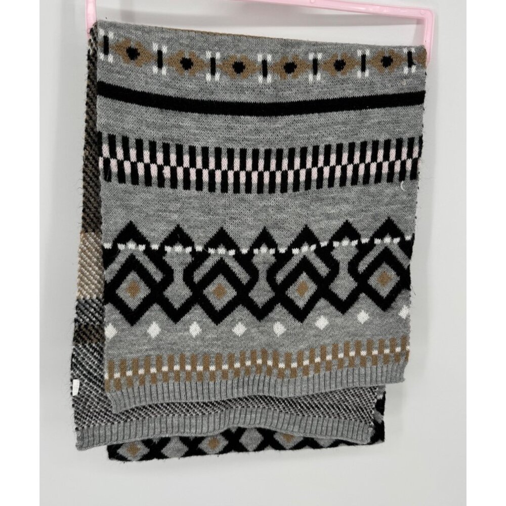 Geometric Pattern Knit Scarf With Neutral Color Palette Black White & Taupe Acce
